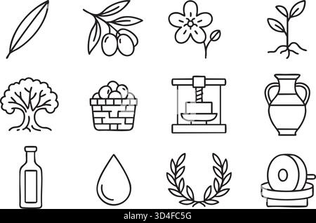 A collection of stylized vector icons representing olives and olive oil, featuring olive branches with green olives, a mature olive tree, a single dro Stock Vector