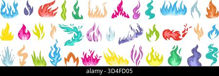 Hand drawn fires. Colored pencil fire flames, children style drawing elements. Campfires, heat or hot symbols. Chalk doodle neoteric vector clipart or Stock Vector