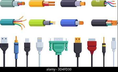 Connectors and cables. Electrical conductors, electric industrial elements with insulation. Energy and power for digital devices, sapid vector set ori Stock Vector