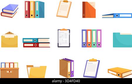 Cartoon office papers and folders. Isolated documents, yellow folder, paper holder and cardboard box. Education, work elements, sapid vector clipart o Stock Vector