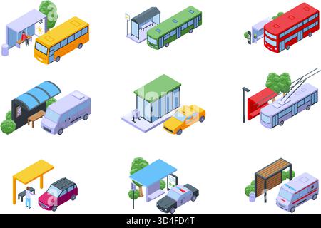 Isometric public transport stations. People waiting transports, empty waiting station. Urban architecture elements, wait bus trolley taxi, nifty vecto Stock Vector