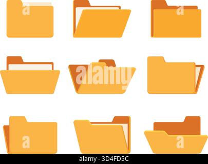 Yellow folders. Isolated paper folder various rotations. Empty papers storage, documents organization symbol. Office equipment, sapid vector element o Stock Vector
