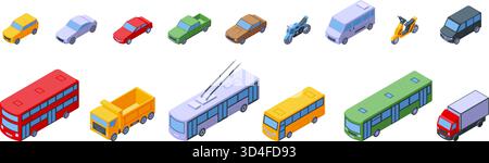 Isometric public transport. Car truck bus motorbikes, social and personal 3d vehicle icons. Delivery and urban logistic, city transportation, nifty ve Stock Vector