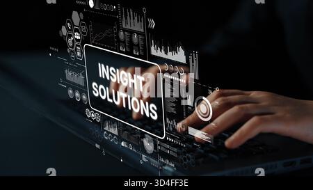 Hands Typing on Laptop with Data Analysis Visuals Displaying Insight Solutions Concept. Asymptotic smart data analytic. Stock Photo