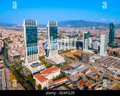 Aerial view of the modern business district with glass skyscrapers and ...