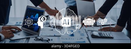 This image captures a dynamic business meeting focused on artificial intelligence, showcasing laptops and reports set against a backdrop of Stock Photo