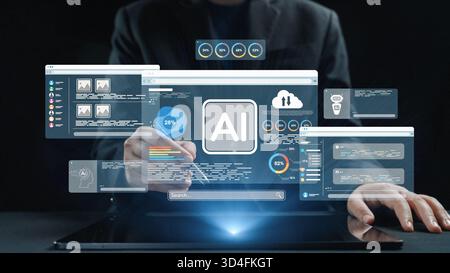 Explore the interplay between artificial intelligence and data visualization in a modern workspace. The scene depicts technology enhancing Stock Photo