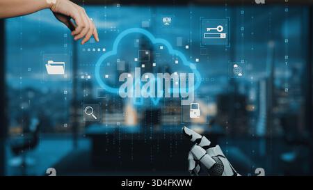 A captivating image showcasing a robotic hand interacting with a virtual cloud interface, symbolizing data transfer and security in a modern urban Stock Photo