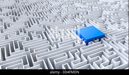 3d Blue square white labyrinth, representing challenging Stock Photo