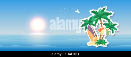 A summer background with a blue sea or ocean and an abstract island with palm trees. Summer background with sea and palm trees for your design. Stock Vector