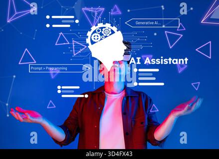 This image illustrates a human interacting with concepts of AI and generative technology, showcasing the future of programming with innovative and Stock Photo