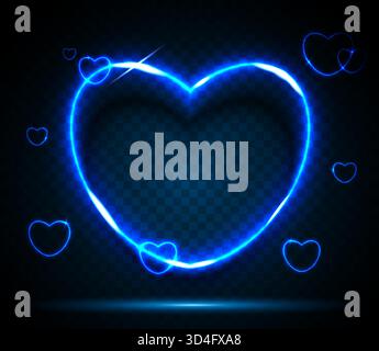 Neon heart-shaped frame with a word on a black and blue background. Stock Vector