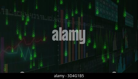 Flowing layered visual showing onscreen analytics with cascading binary digits, red teal bars Stock Photo