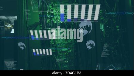 Displaying rack glowing with green LEDs, patch panels, overlays, bundled cables in data center Stock Photo