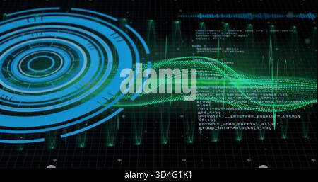 Displaying neon-blue concentric HUD crossing green mesh waveform over dark grid, showing code Stock Photo
