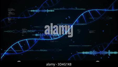 Displaying glowing blue DNA helix flowing across virtual data display, with waveform bars and code Stock Photo