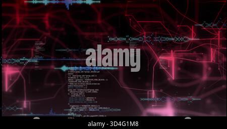 Displaying central white code block with cyan waveform in cyberspace, magenta network traces Stock Photo