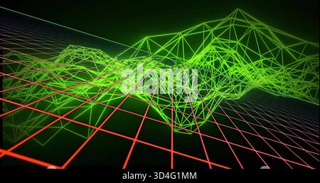 Glowing wireframe terrain rising in dark void toward vanishing point, with red grid and green mesh Stock Photo