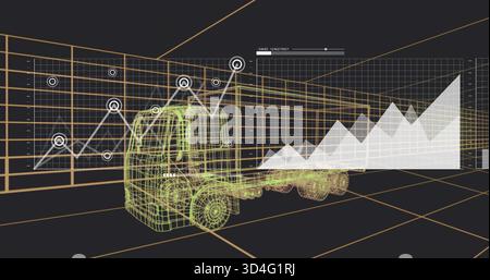 Rendering neon wireframe semi-truck in CAD, showing orange grid, polyline chart, HUD slider Stock Photo