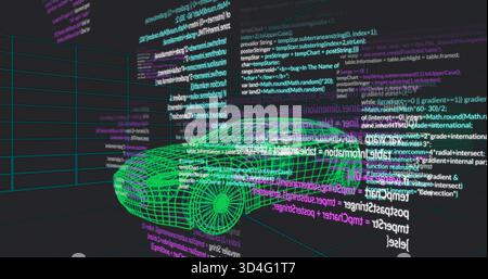 Rendering neon green wireframe car model rotating on grid floor, with floating code panels Stock Photo