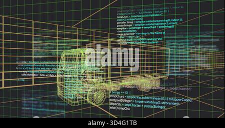 Displaying yellow-green wireframe truck rotating in virtual 3D workspace, showing grid, car, code Stock Photo