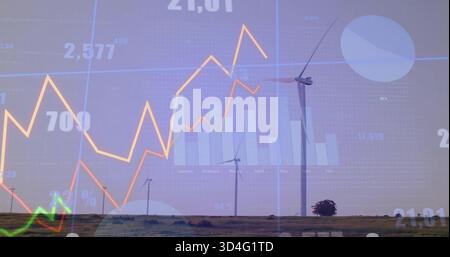 Displaying cluster of three wind turbines standing on flat grassy plain, with data overlays Stock Photo