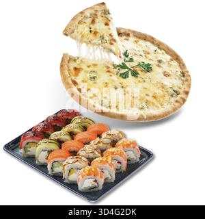 Food, Set with slices of different pizzas falling on white background Stock Photo