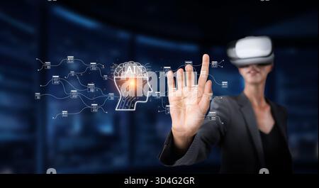 Explore a professional using generative AI technologies in a virtual environment, focusing on innovative data management and prompt engineering Stock Photo