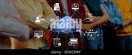 Group of individuals with crossed arms symbolizes teamwork in the digital era, featuring cloud technology and icons representing various digital Stock Photo