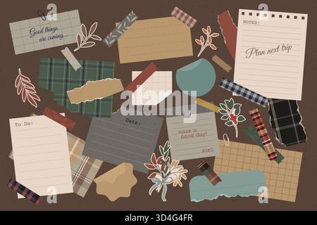 Set of retro torn paper notes, stickers, tapes. Stock Vector