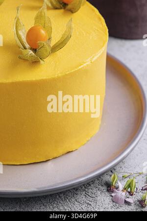 Food, Tasty mango mousse cake on plate Stock Photo