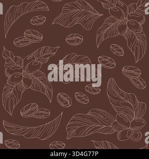 Hand drawn vector illustration featuring coffee fruits on a branch with leaves and roasted coffee beans, seamless pattern a warm, natural composition Stock Vector