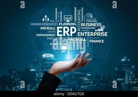 A hand reaches towards a digital concept of enterprise resource planning, featuring various business-related terms. The urban background enhances the Stock Photo