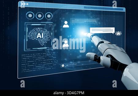 A generative AI assistant displays its own conversational interface. Users can type prompts to interact with the chatbot for intelligent support and Stock Photo