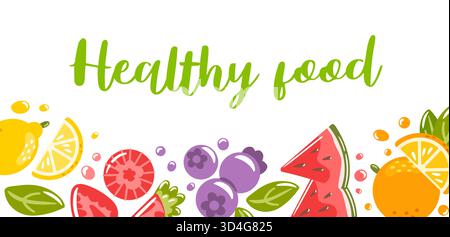 Healthy food. Horizontal banner with fruits a vibrant vector illustration featuring a long, diverse fruits in a flowing arrangement, bright colors Stock Vector