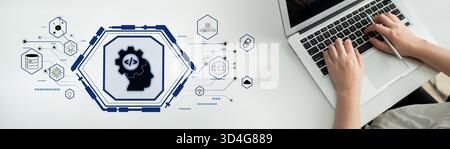 AI machine learning and software development for modern technology solutions. A concept of coding, data science, and algorithm engineering. Motif Stock Photo