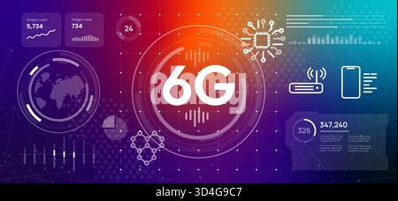 6G network technology data visualization chip smartphone and router the next generation of ultra fast wireless communication Stock Vector