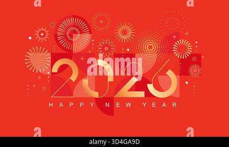 Celebrating 2026 New Year. Bright card for happy event with abstract golden fireworks and golden numbers on red background with geometric pattern. Template for poster, flyer, web. Vector illustration Stock Vector