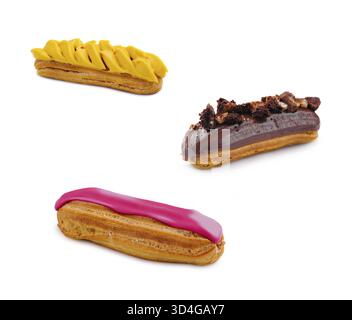 Food, Eclair with Mango Cream, chocolate and pink glaze Stock Photo