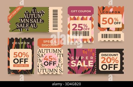 Set autumn offer coupons. Autumn sales,gift vouchers,sale tickets template,qr code. Shopping savings coupons. Design for web,social media,business promo,online purchases. Vector illustration Stock Vector