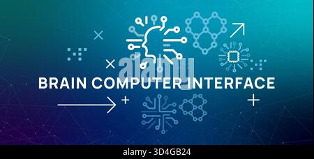 Brain Computer Interface BCI icons show a human head connected to chip molecular structure representing neuroscience technology and future of mind Stock Vector