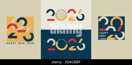 Set greeting cards for 2026 New Year.Flyers, posters with abstract numbers in minimalistic style.Template for flyer, web, cover, calendar, web,banner.New year 2026 number logo set. Vector illustration Stock Vector