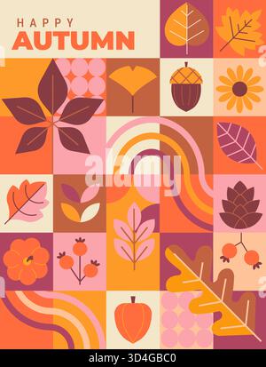 Hello autumn, vertical geometric banner.Greeting fall poster with leaves and isolated symbols of autumn-rowan berries, pumpkin,apple, sunflower.Template for harvest festival or Thanksgiving day.Vector Stock Vector