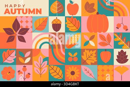 Happy autumn, horizontal geometric banner.Fall poster with different leaves, symbols of autumn-rowan berries, pumpkin,apple, sunflower,corn.Template for harvest festival or Thanksgiving day.Vector Stock Vector