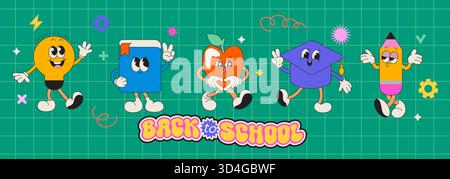School characters of funny school items with different emotions and back to school greeting. Kawaii happy characters of school supplies-book, ball, pencil, flask, bulb, apple. Vector illustration. Stock Vector