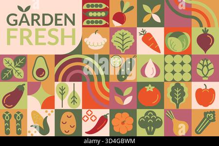 Healthy organic vegetables. Geometric background with vegetable from garden in simple flat style-carrot,onion, potato,corn,broccoli, avocado,tomato, pepper, cucumber, basil.Fresh natural food.Vector Stock Vector
