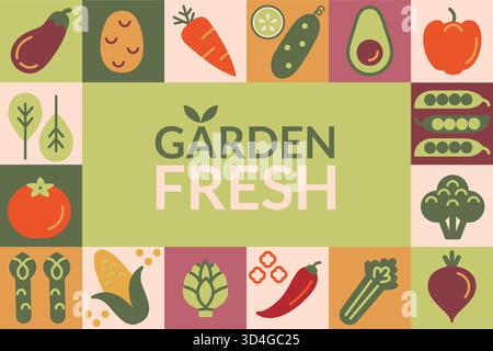 Healthy organic vegetables,garden fresh.Background with geometric vegetables from garden in simple flat style-carrot,potato,corn,broccoli,avocado,tomato,pepper,cucumber,basil.Fresh natural food.Vector Stock Vector