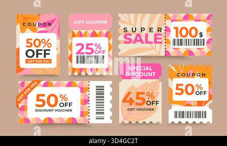 Set of autumn discount offer coupons.Gift vouchers,sale tickets template with cutting dashed lines,qr code.Shopping savings coupon.Design for web,social media,business promo,online purchases.Vector Stock Vector