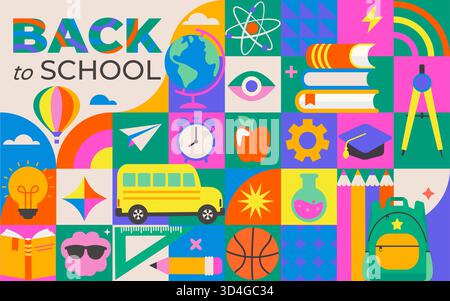 Welcome back to school geometric background with school stationery elements-pencils,books,globe,clock,accessories for sports and creativity. School educational template in square tile style. Vector Stock Vector