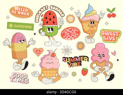 Set summer stickers of funny ice cream characters,sweet food with different emotions.Happy sweet kawaii smiling delicacy. Isolated elements for web,flyer,scrapbooking summer vibe, templates. Vector Stock Vector